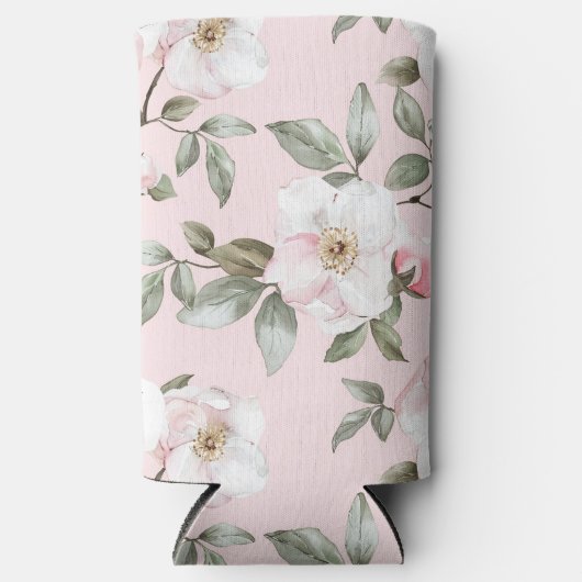 かわいいピンクの白い花 スリム缶クーラー (正面)