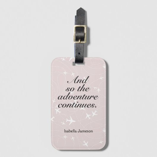 かわいいピンクの白い飛行機アドベンチャー続カスタム行 ラゲッジタグ (正面縦)