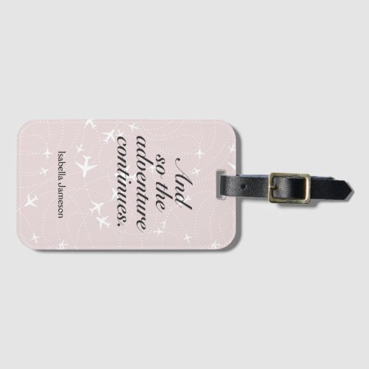 かわいいピンクの白い飛行機アドベンチャー続カスタム行 ラゲッジタグ (正面横)