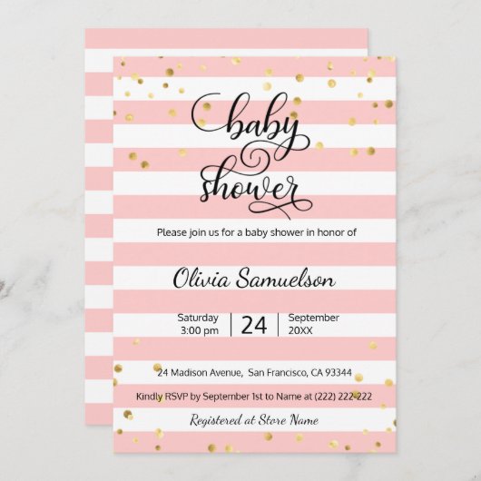 かわいいピンクの白のストライプの黒い金ゴールドのベビーシャワー 招待状 (正面/裏面)