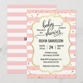 かわいいピンクの白のストライプ ゴールド ブラック ベビーシャワー 招待状 (正面/裏面)