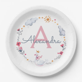かわいいピンクの白鳥とサンのフローラリース、モノグラム付き ペーパープレート