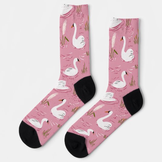 かわいいピンクの白鳥シームレスパターン ソックス (左)