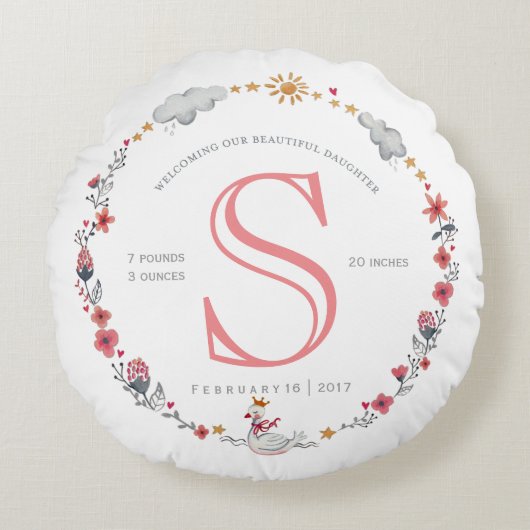 かわいいピンクの白鳥ベビー誕生統計子供部屋 ラウンドクッション (正面)