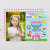 かわいいピンクの納屋周囲の庭農場の動物たちが誕生日の写真を撮る 招待状 (正面/裏面)