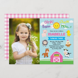 かわいいピンクの納屋周囲の庭農場の動物たちが誕生日の写真を撮る 招待状