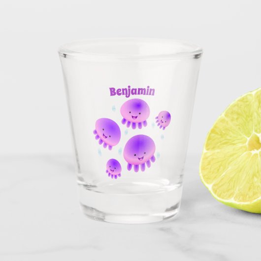 かわいいピンクの紫のクラゲのかわいい漫画 ショットグラス (正面)