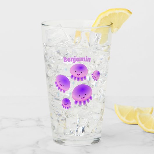 かわいいピンクの紫のクラゲのかわいい漫画 タンブラーグラス (アイス裏面)