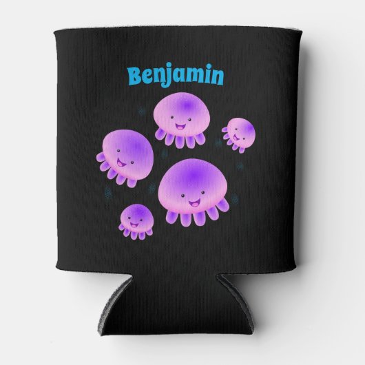 かわいいピンクの紫のクラゲのかわいい漫画 缶クーラー (正面)