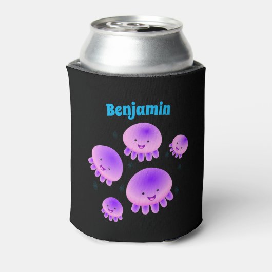 かわいいピンクの紫のクラゲのかわいい漫画 缶クーラー (缶裏面)