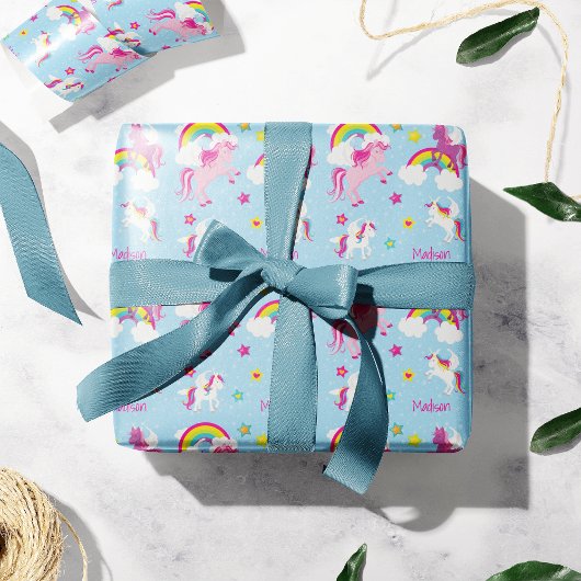 かわいいピンクの紫のユニコーンと虹の女の子 ラッピングペーパー
