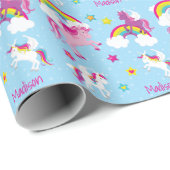 かわいいピンクの紫のユニコーンと虹の女の子 ラッピングペーパー (ロールコーナー)