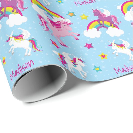 かわいいピンクの紫のユニコーンと虹の女の子 ラッピングペーパー (ロールコーナー)