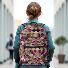 かわいいピンクの紫の金ゴールドマーメイドはかりで測 プリントバックパック