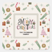 かわいいピンクの緑のドドルメリークリスマス スクエアシール (正面)