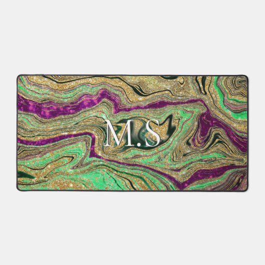 かわいいピンクの緑の大理石アートフェイクグリッターモノグラム デスクマット (正面)