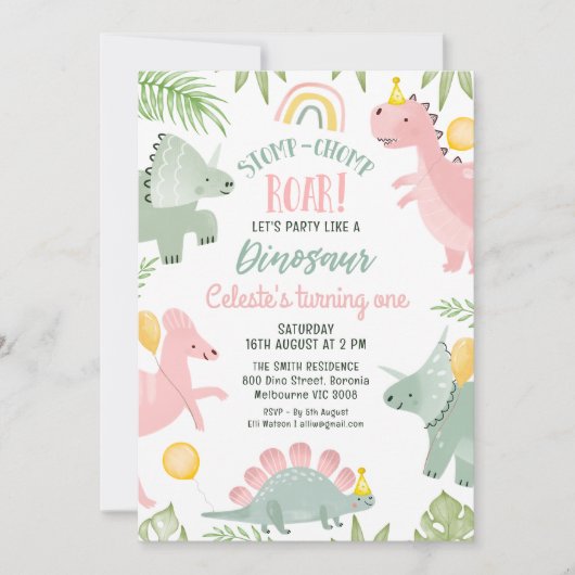 かわいいピンクの緑の女の子の恐竜1st誕生日 招待状 (正面)