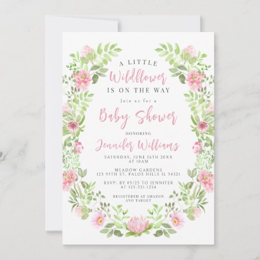 かわいいピンクの緑の小さな野生の花の赤ちゃん女の子シャワー 招待状 (正面)