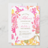 かわいいピンクの緑の水色のワイルドフラワー1st誕生日 招待状 (正面)