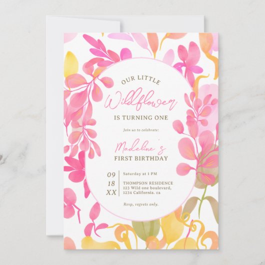 かわいいピンクの緑の水色のワイルドフラワー1st誕生日 招待状 (正面)