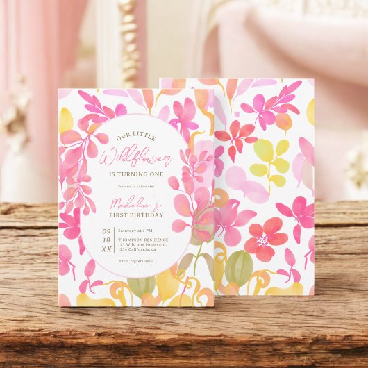 かわいいピンクの緑の水色のワイルドフラワー1st誕生日 招待状