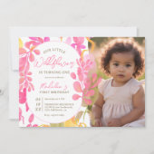 かわいいピンクの緑の野花写真第1誕生日 招待状 (正面)