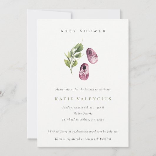 かわいいピンクの緑の靴の葉の女の子の赤ちゃんシャワー 招待状 (正面)