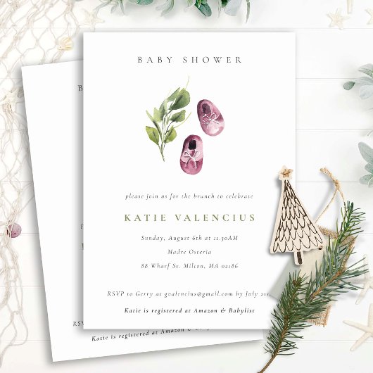 かわいいピンクの緑の靴の葉の女の子の赤ちゃんシャワー 招待状