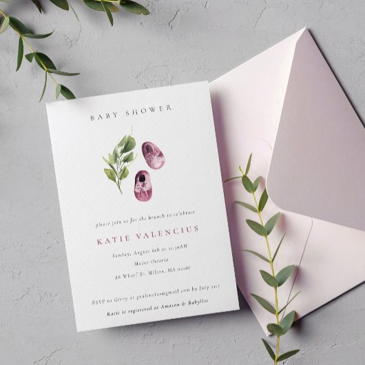 かわいいピンクの緑の靴の葉の女の子の赤ちゃんシャワー 招待状