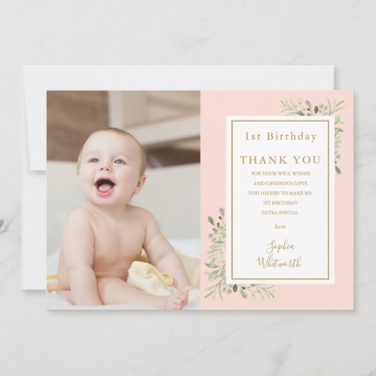 かわいいピンクの緑1歳の誕生日の写真 サンキューカード (正面)