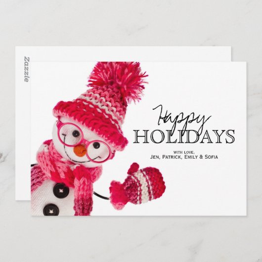 かわいいピンクの編み帽を被った雪だるま シーズンカード (正面/裏面)