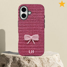 かわいいピンクの編み物リボン+カスタムネーム iPhone 16ケース