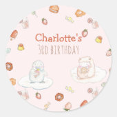 かわいいピンクの羊デザート水の色の子供の誕生日 ラウンドシール (正面)