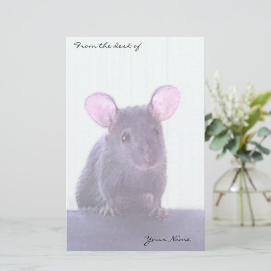 かわいいピンクの耳の付いたマウススケッチあなたの名前を追加 便箋 (スタンド正面)