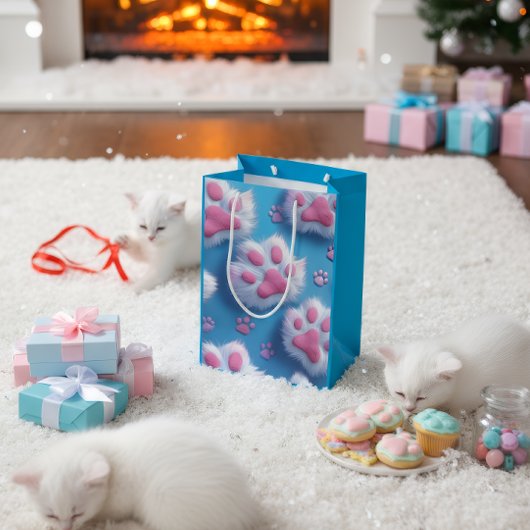 かわいいピンクの肉球プリントギフトバッグ ミディアムペーパーバッグ
