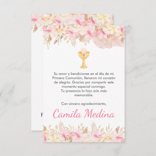 かわいいピンクの花とアリスの聖餐式 サンキューカード (正面/裏面)