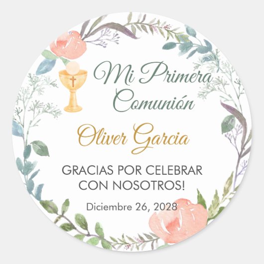かわいいピンクの花とアリスの聖餐式 ラウンドシール (正面)