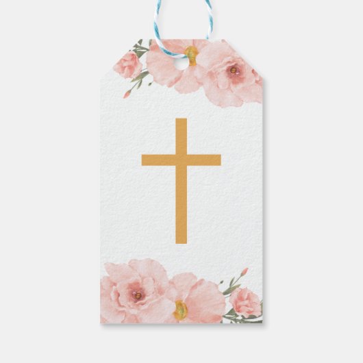 かわいいピンクの花とクロス・ファースト・コミューン ギフトタグ (裏面)