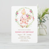 かわいいピンクの花と緑のリースの誕生日 招待状 (スタンド正面)