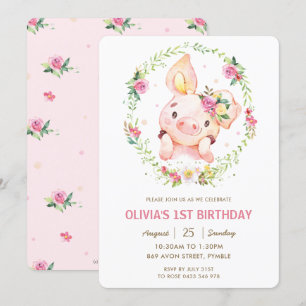 かわいいピンクの花と緑のリースの誕生日 招待状