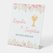 かわいいピンクの花と聖餐式の開催 台座サイン (正面)