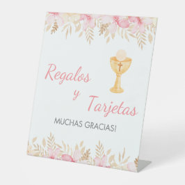 かわいいピンクの花と聖餐式の開催 台座サイン