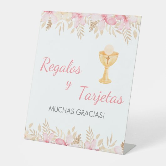 かわいいピンクの花と聖餐式の開催 台座サイン (正面)