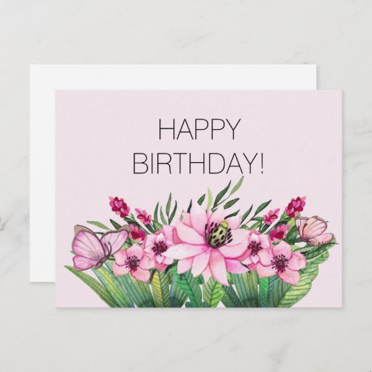 かわいいピンクの花と蝶の誕生日 ポストカード (正面/裏面)