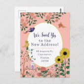 かわいいピンクの花と鳥の新しいアドレスのお知らせ ポストカード (正面/裏面)