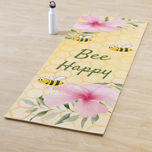 かわいいピンクの花と黄色いハチミツ模様のミツバチ ヨガマット (インサイチュ)