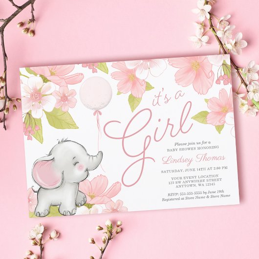 かわいいピンクの花のゾウの女の子のベビーシャワー 招待状