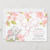 かわいいピンクの花のゾウの女の子のベビーシャワー 招待状 (正面)