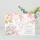 かわいいピンクの花のゾウの女の子のベビーシャワー 招待状 (スタンド正面)