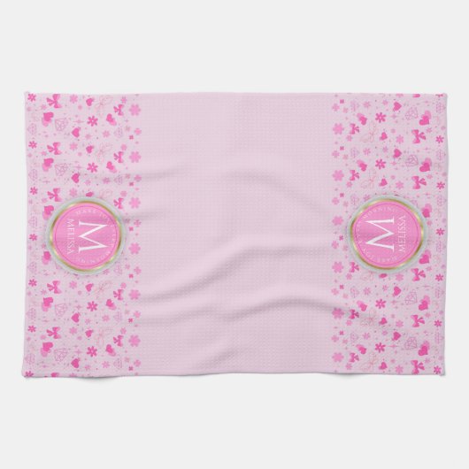 かわいいピンクの花のパターンガーリー、フローラデザイン キッチンタオル (横)